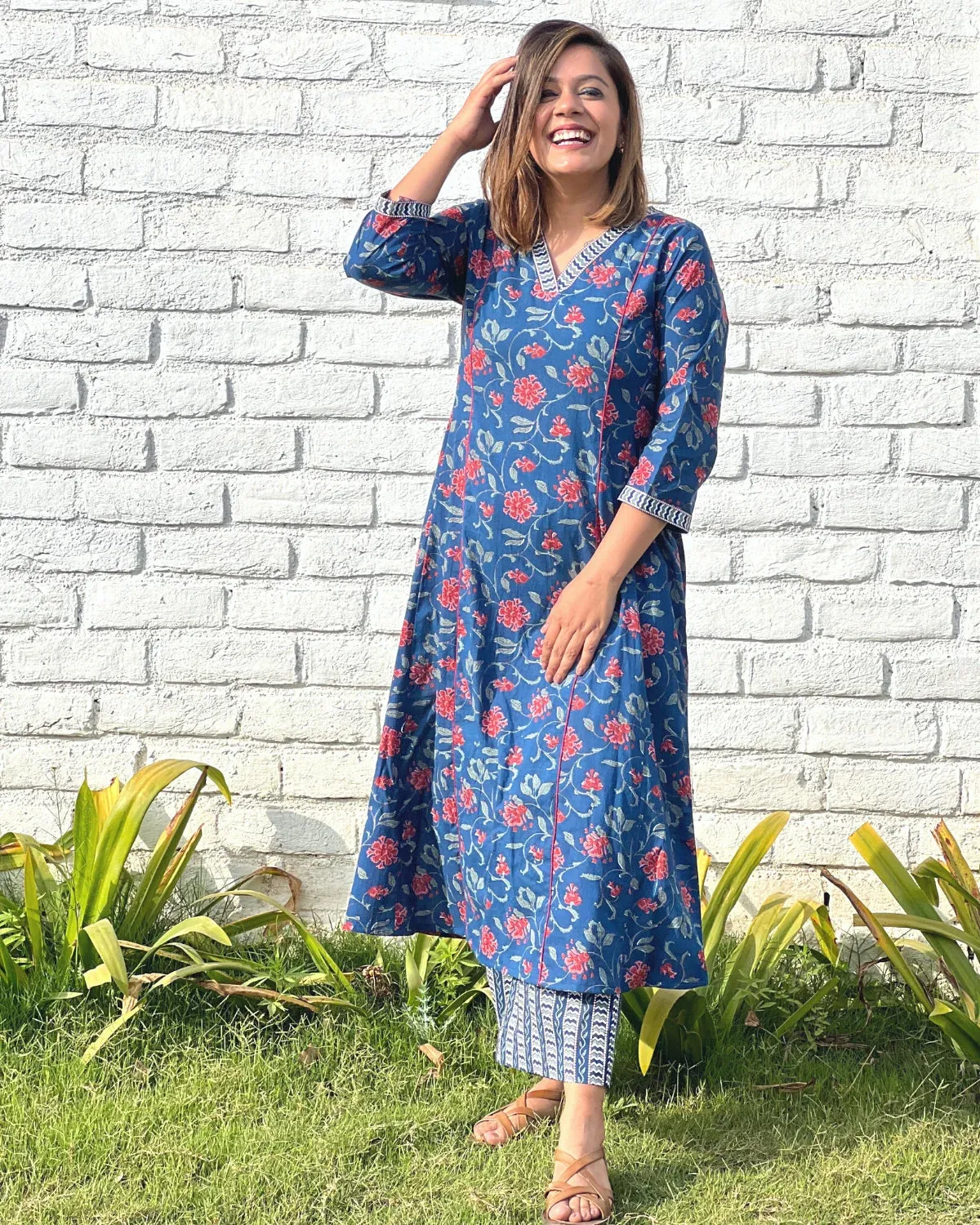 Deep Blue Cotton Kurta & Zig Zag Palazzo - Set of 2