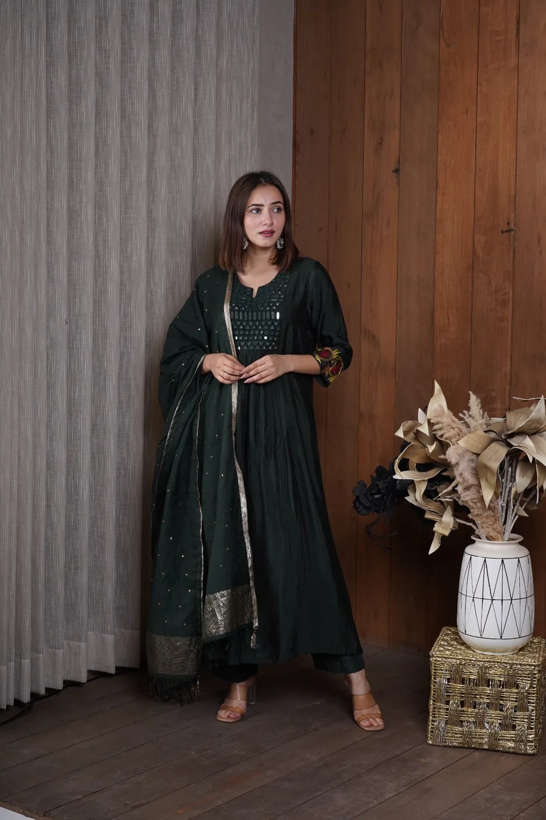 Deep Green mirror work kurta set