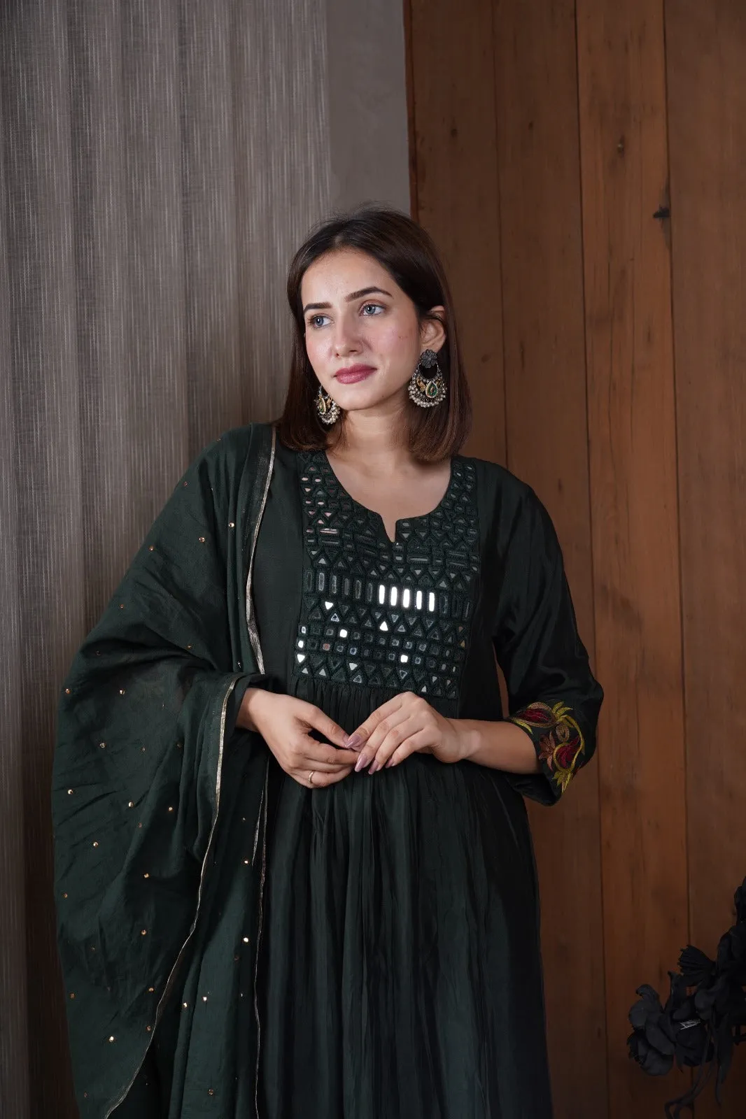 Deep Green mirror work kurta set