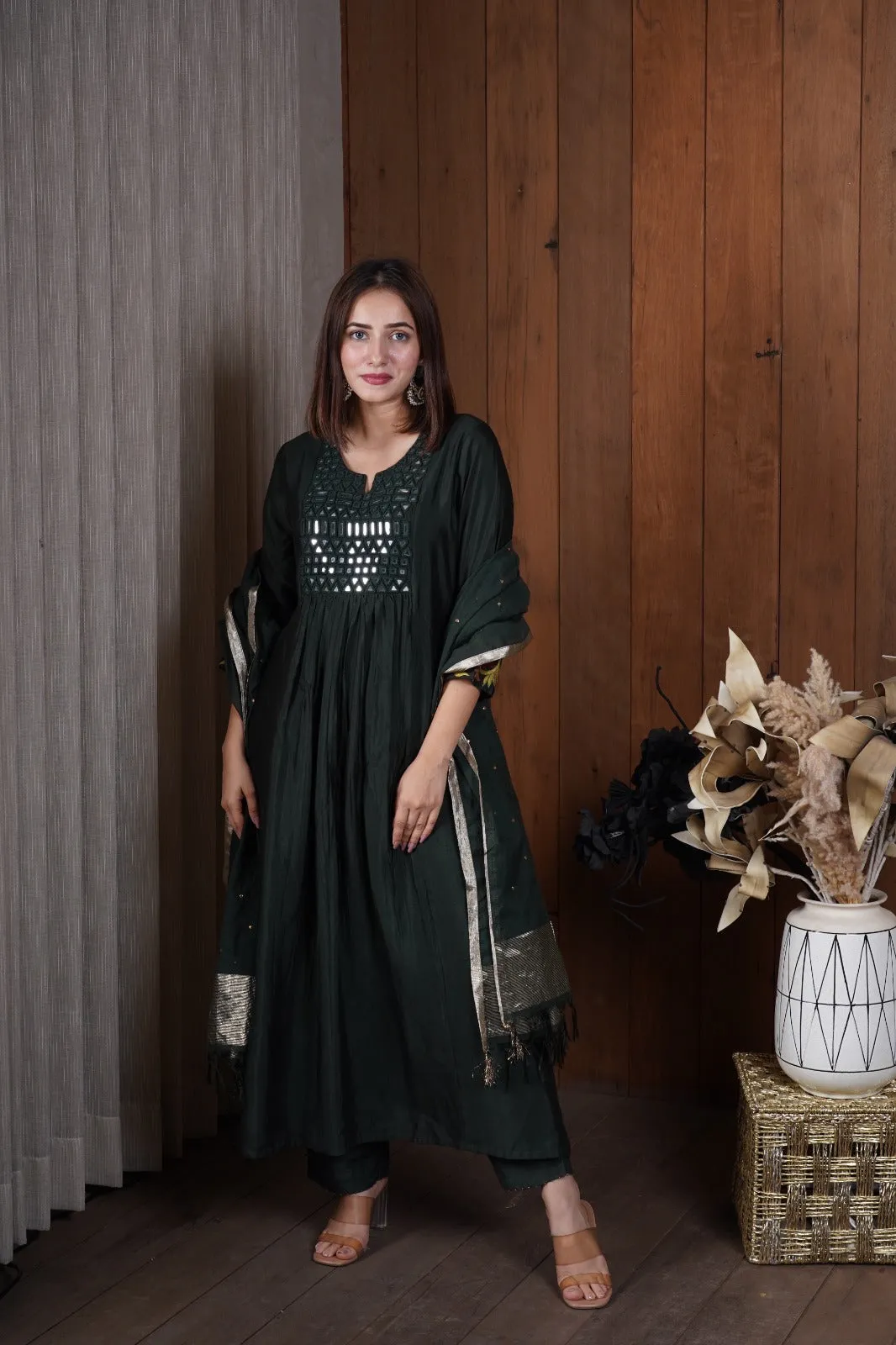 Deep Green mirror work kurta set