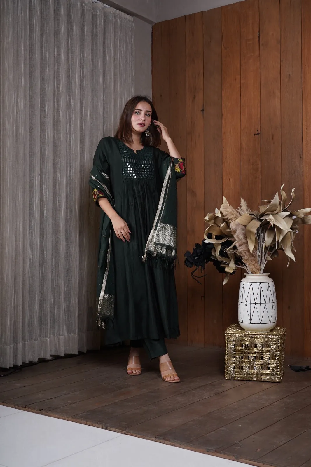 Deep Green mirror work kurta set