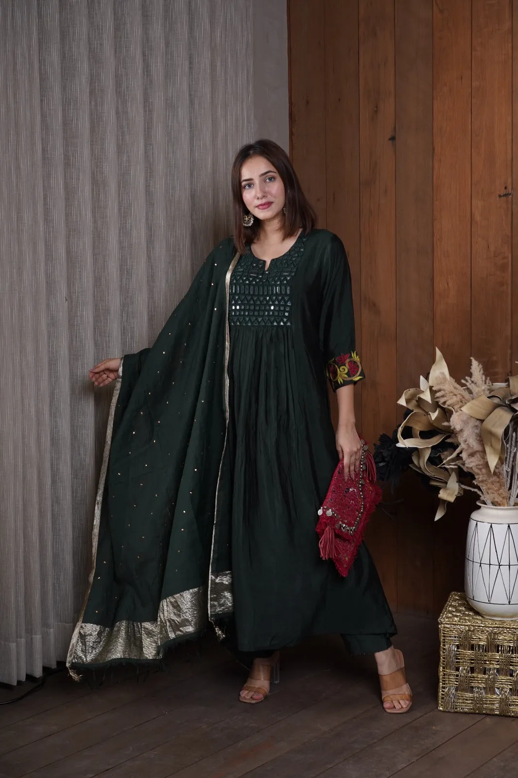 Deep Green mirror work kurta set