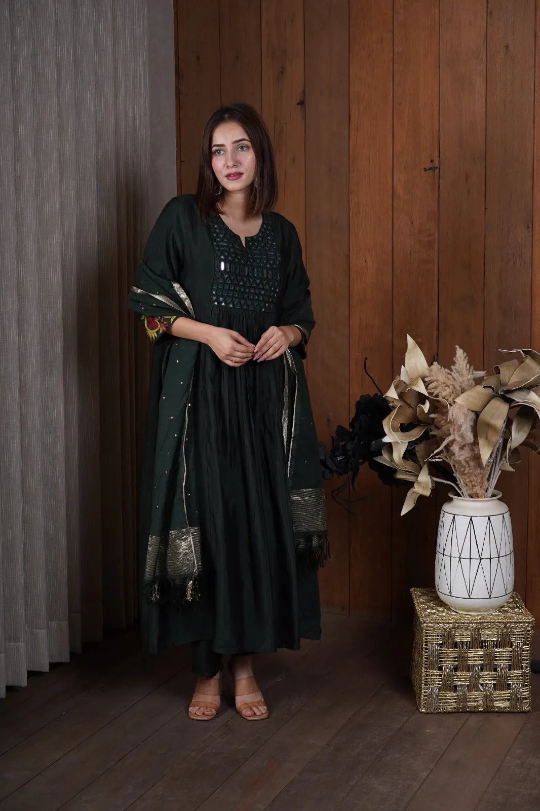 Deep Green mirror work kurta set