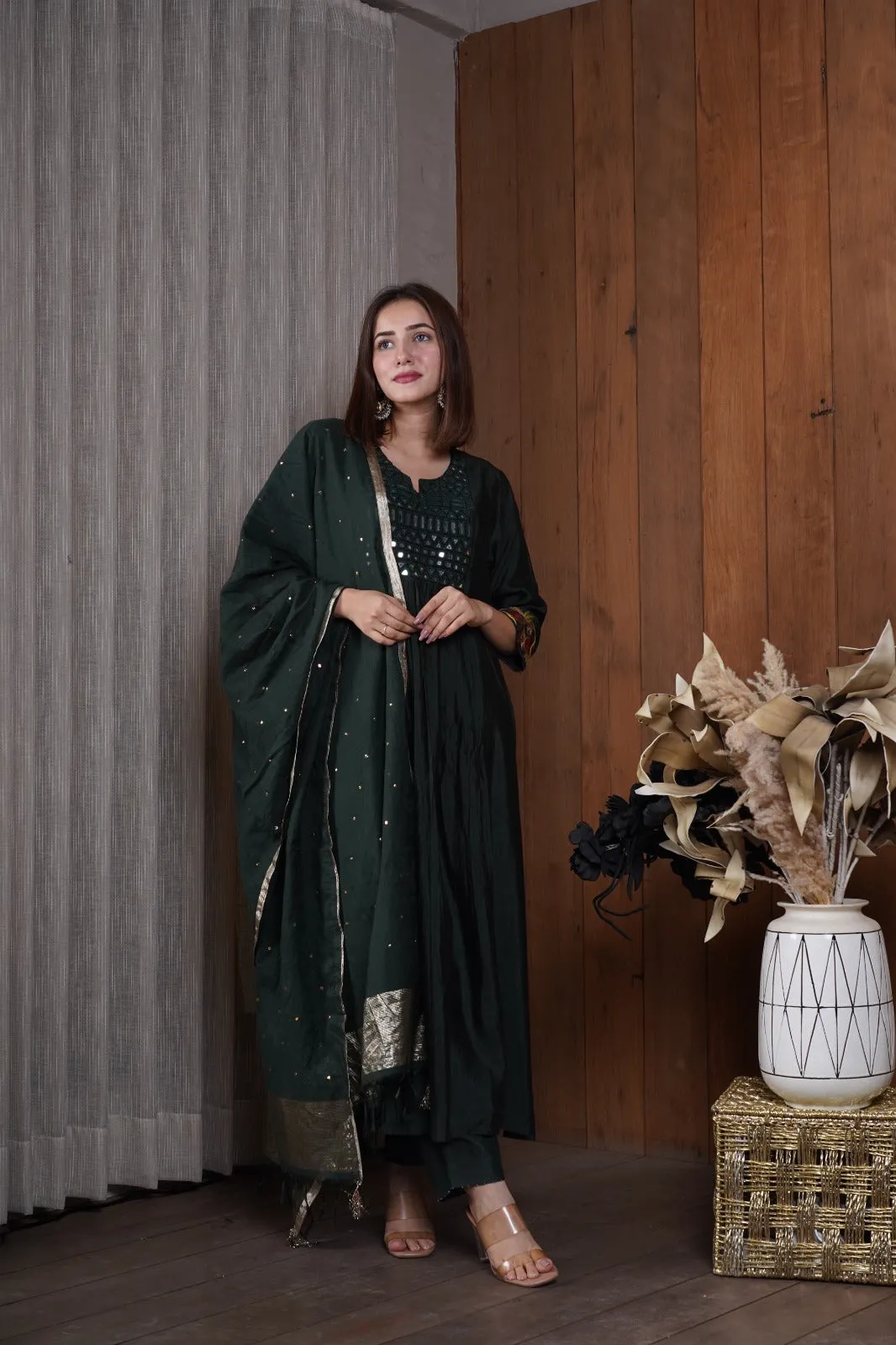 Deep Green mirror work kurta set