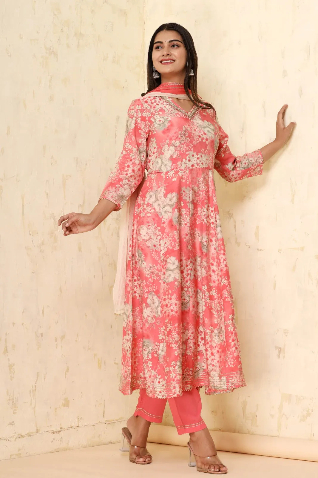 Digital Print Muslin Casual Kurta Set with Cutdana and Pearl work.