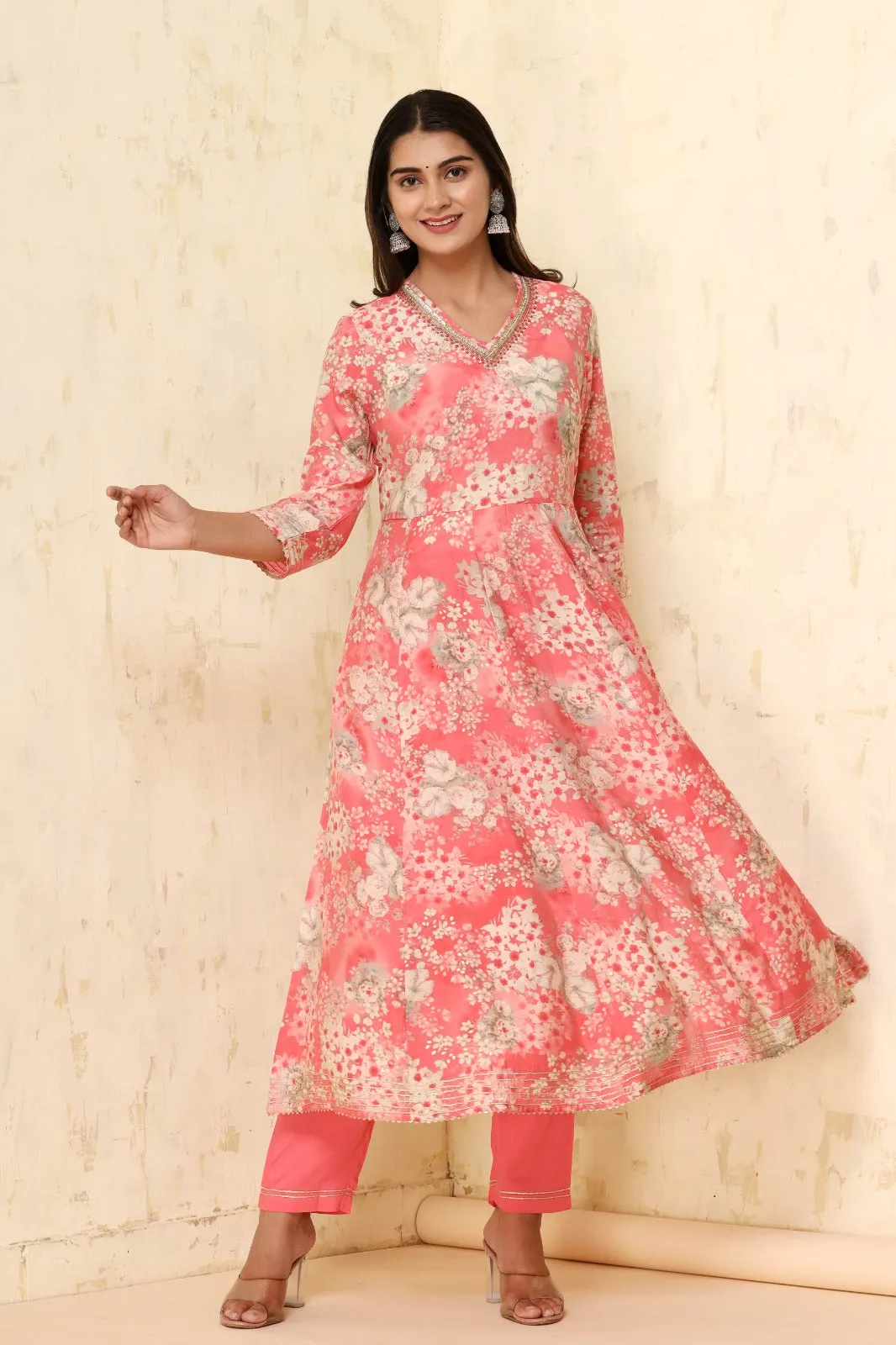 Digital Print Muslin Casual Kurta Set with Cutdana and Pearl work.