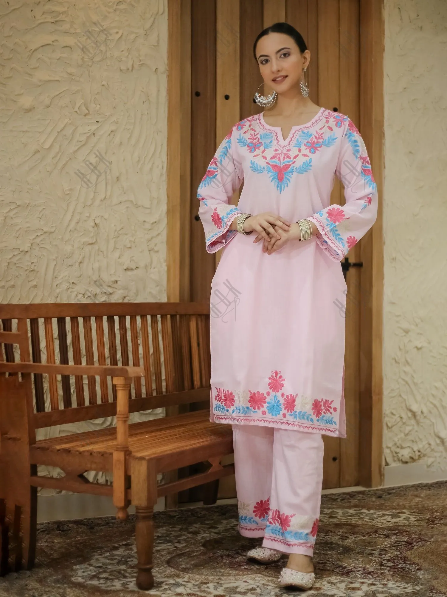 Falak Kashmiri Long Kurta Set  - Baby Pink