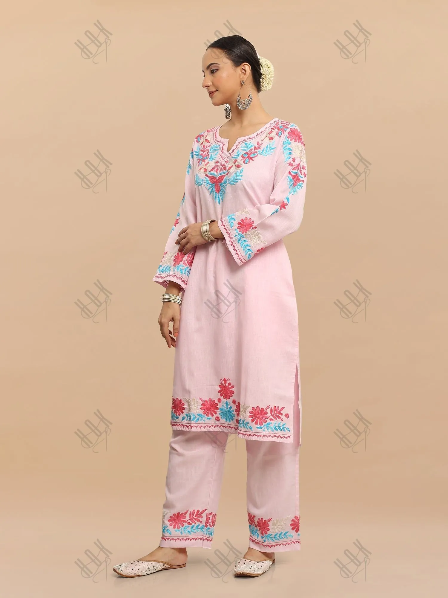 Falak Kashmiri Long Kurta Set  - Baby Pink