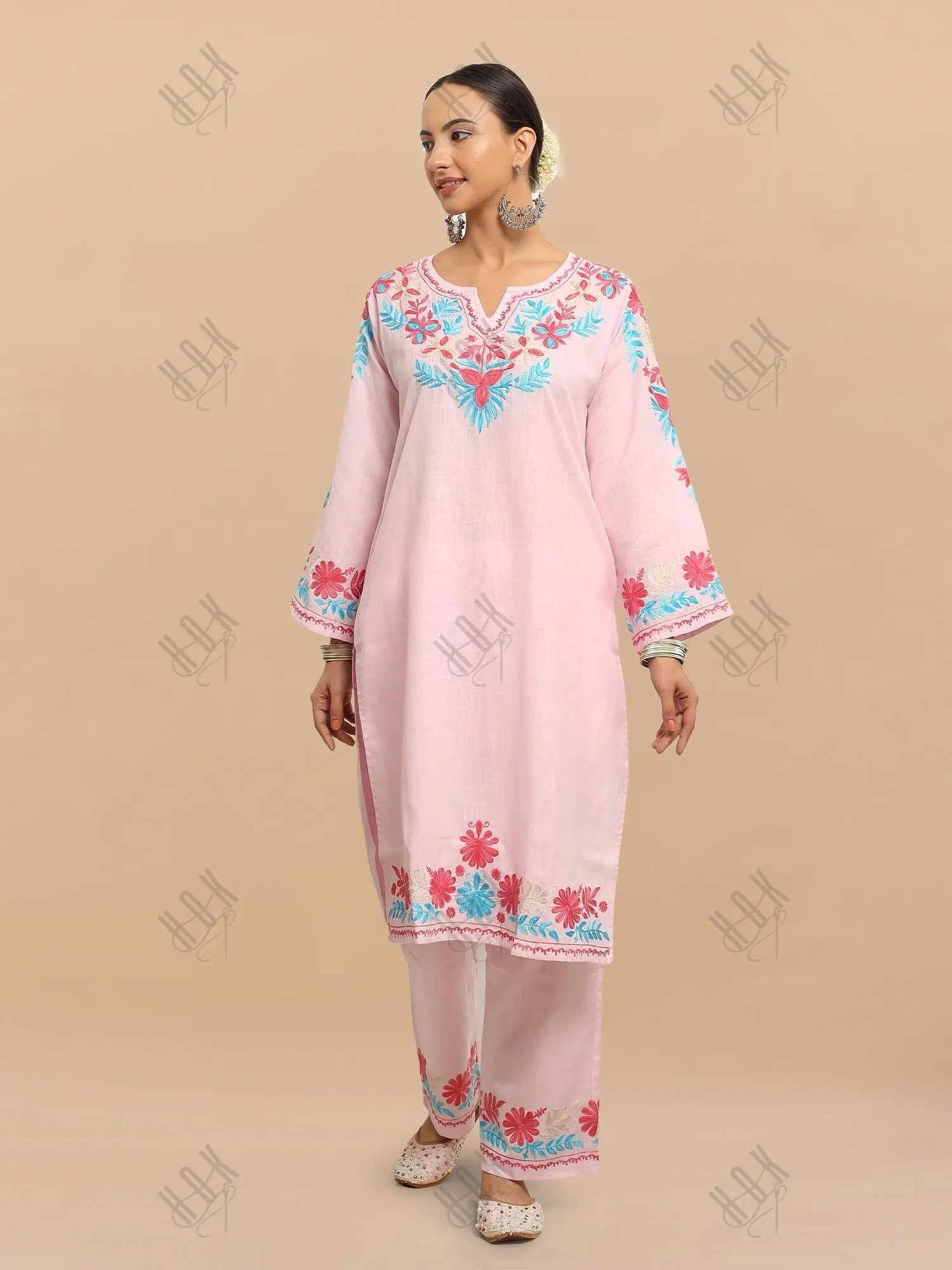 Falak Kashmiri Long Kurta Set  - Baby Pink