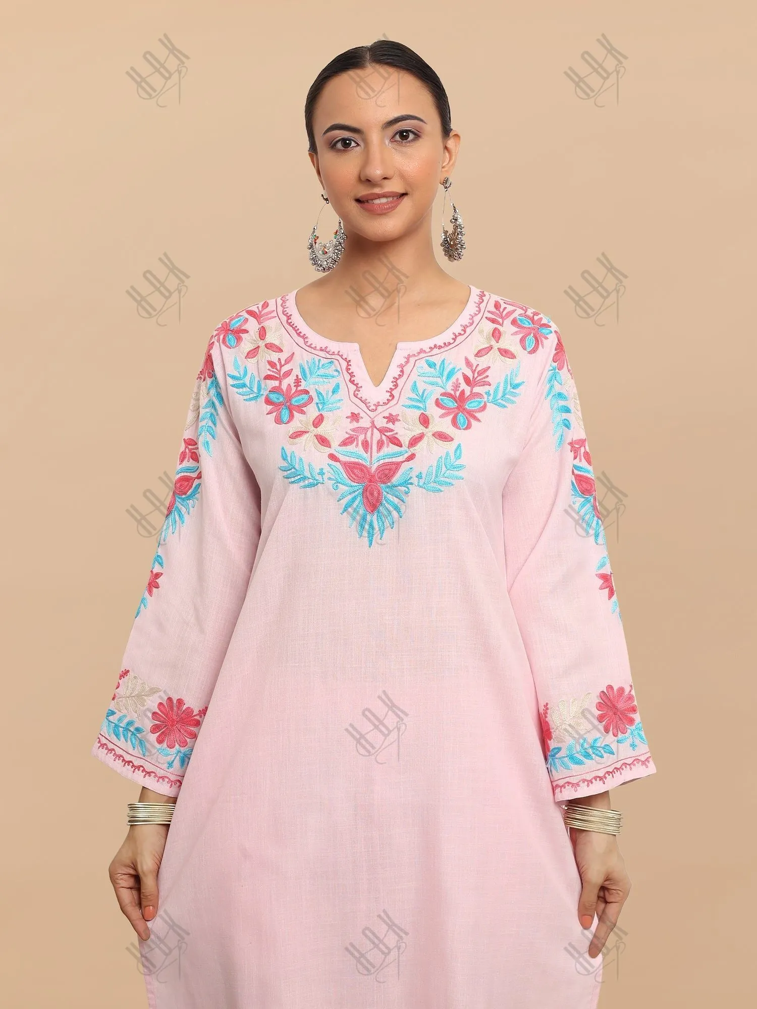 Falak Kashmiri Long Kurta Set  - Baby Pink