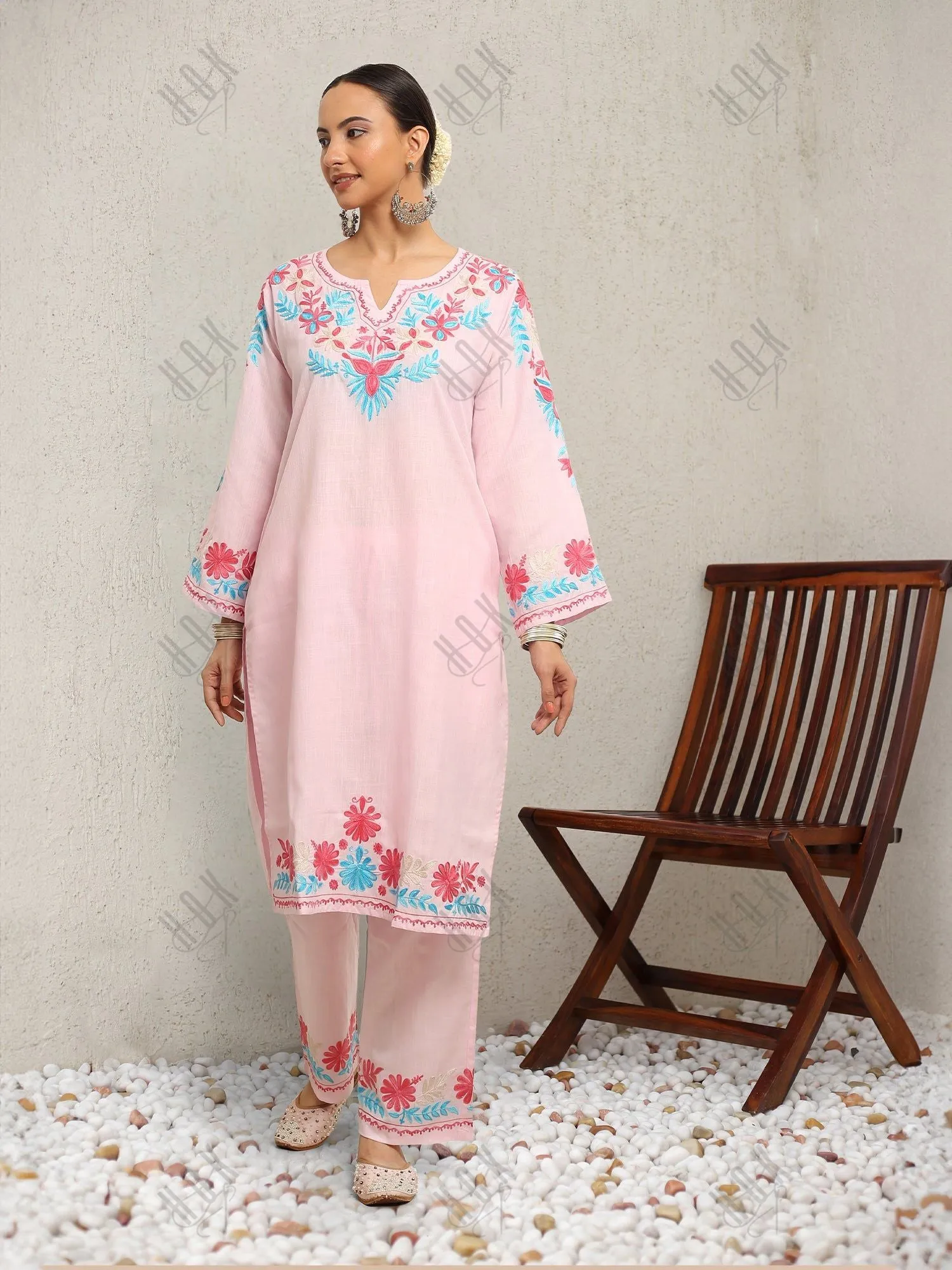 Falak Kashmiri Long Kurta Set  - Baby Pink