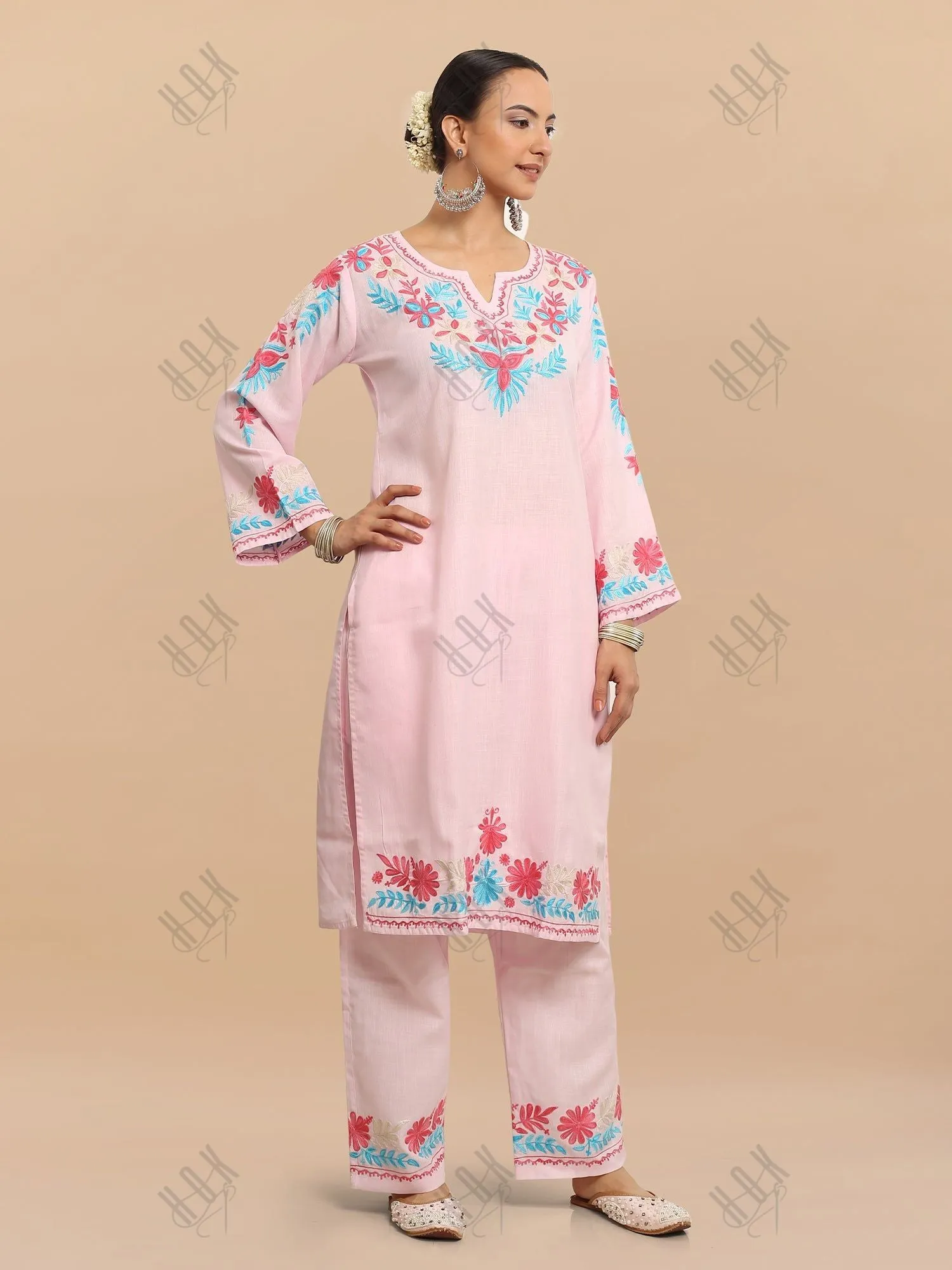 Falak Kashmiri Long Kurta Set  - Baby Pink