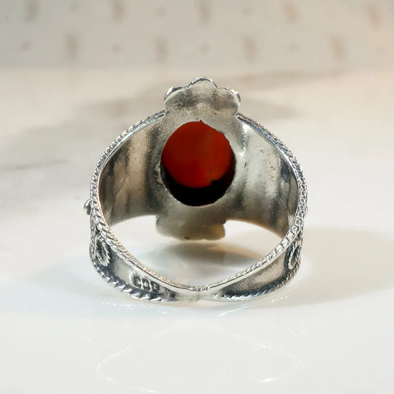 Fiery Red Coral in Ornate Silver Ring