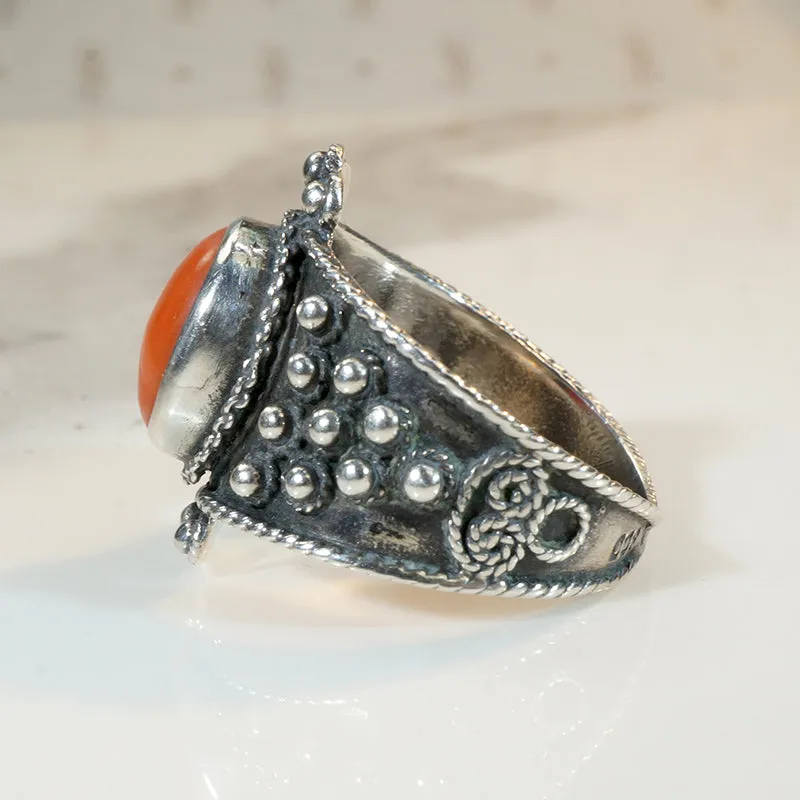 Fiery Red Coral in Ornate Silver Ring