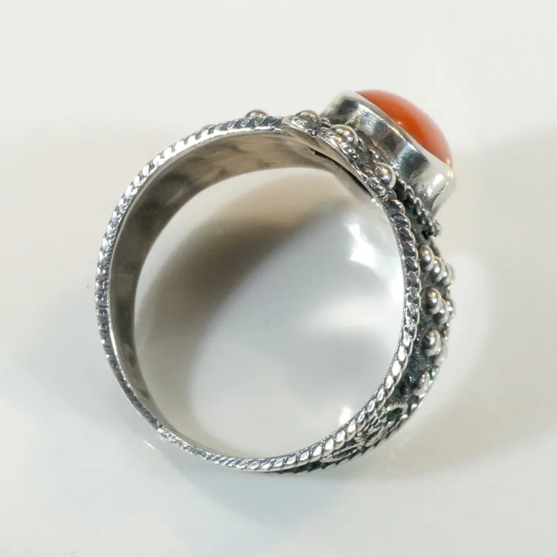 Fiery Red Coral in Ornate Silver Ring