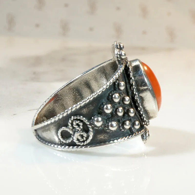 Fiery Red Coral in Ornate Silver Ring