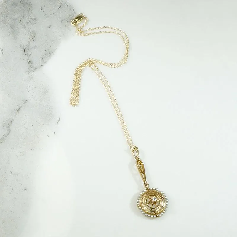 Gold Lavalier Pendant with Diamond & Pearl Halo