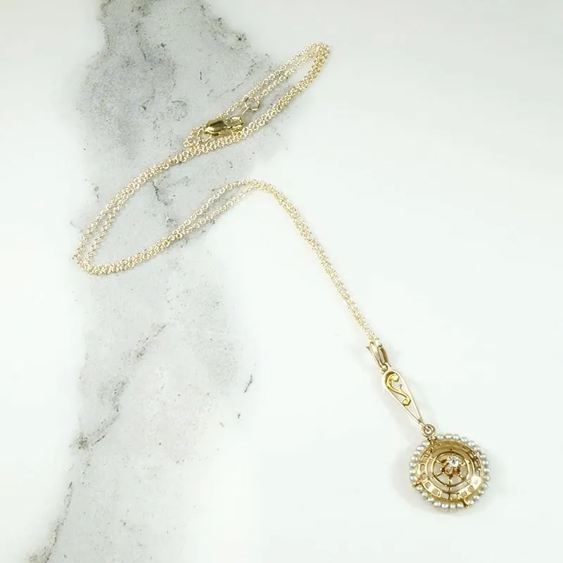 Gold Lavalier Pendant with Diamond & Pearl Halo