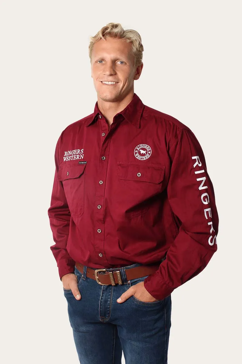 Hawkeye Mens Full Button Work Shirt - Burgundy/White