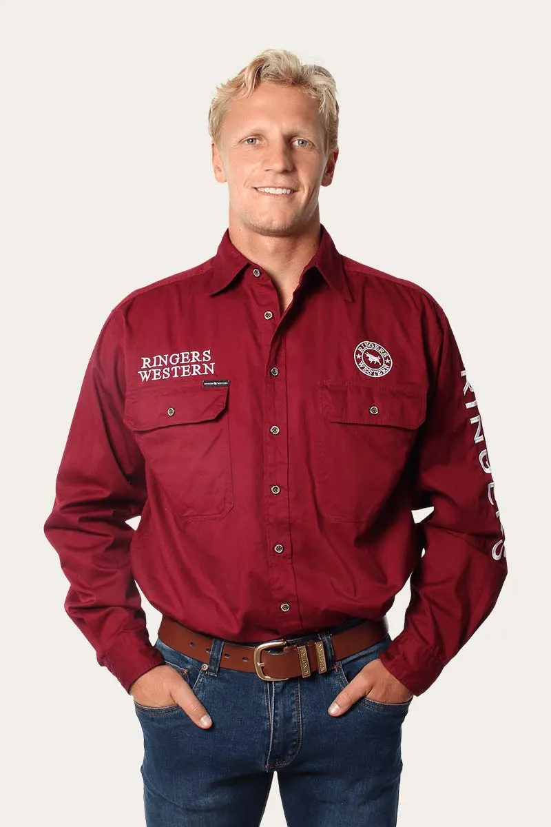 Hawkeye Mens Full Button Work Shirt - Burgundy/White