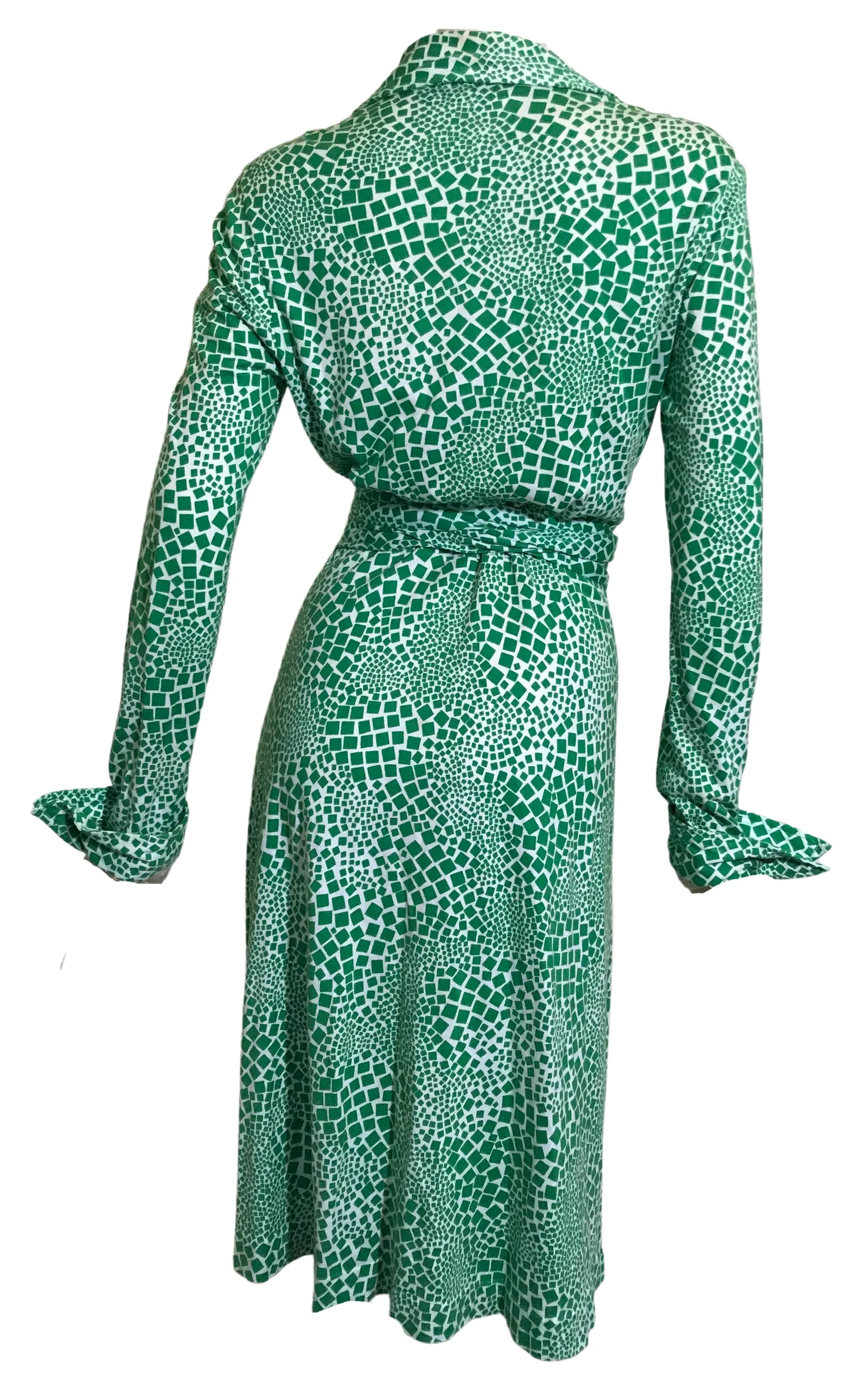 Iconic Green Abstract Mosaic Print Silk Jersey Wrap Dress circa 1970s DVF