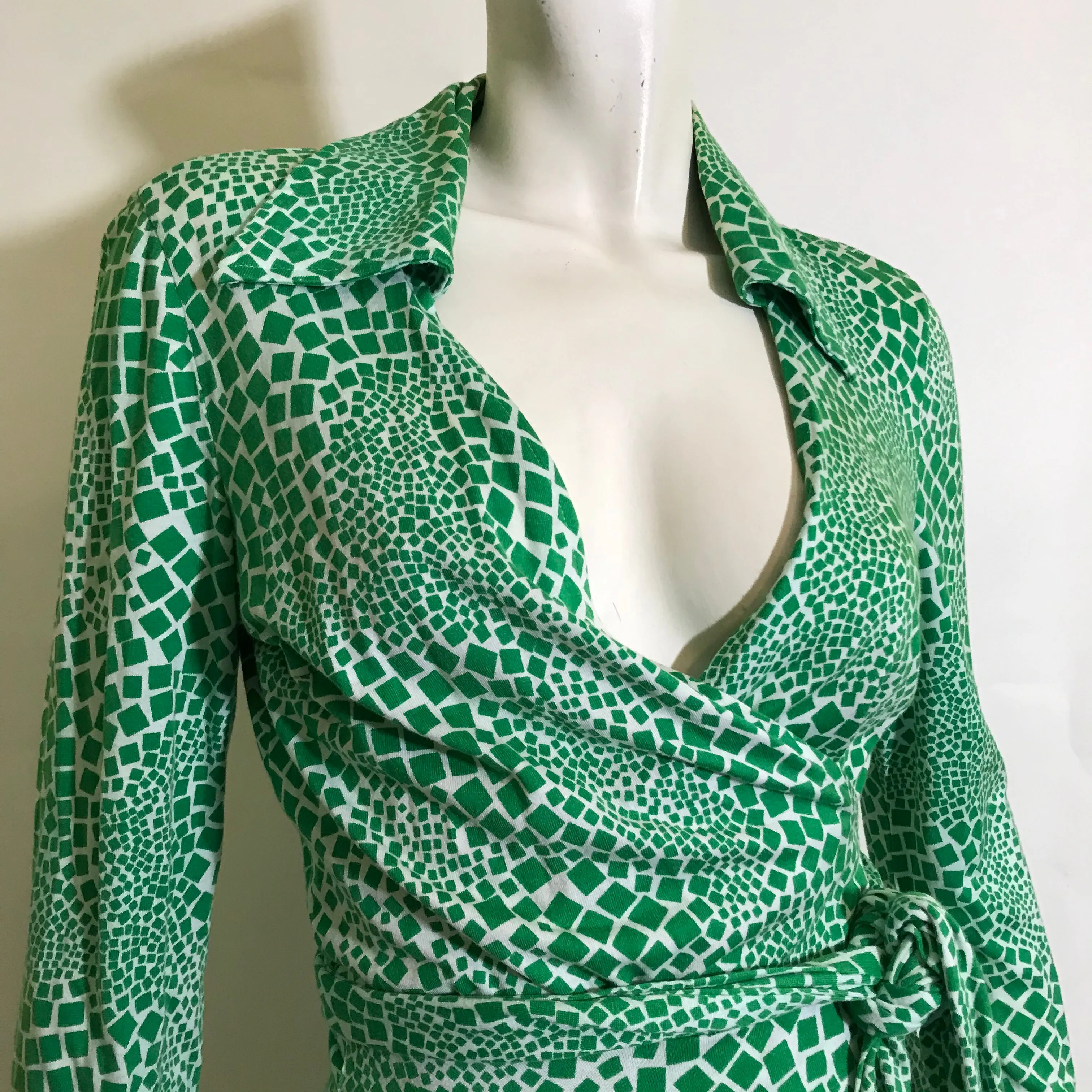 Iconic Green Abstract Mosaic Print Silk Jersey Wrap Dress circa 1970s DVF