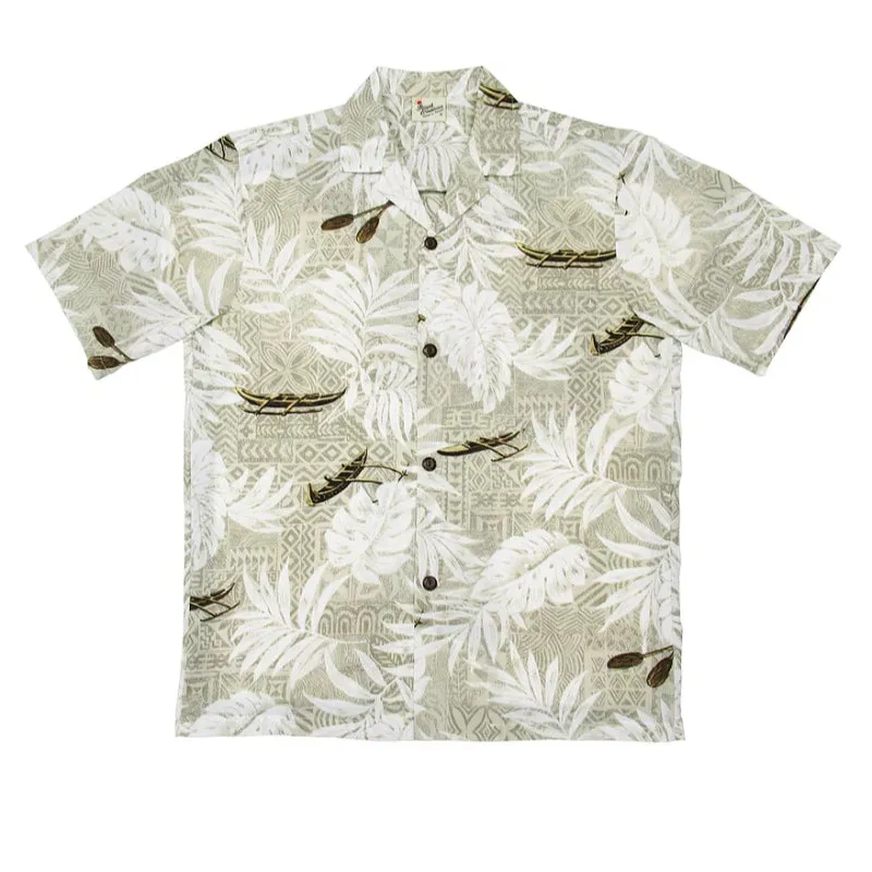 Leafy and Canoe Polynesian Print Aloha Shirt | Green, Blue, Beige