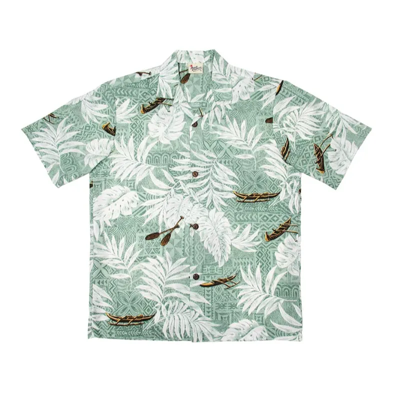 Leafy and Canoe Polynesian Print Aloha Shirt | Green, Blue, Beige