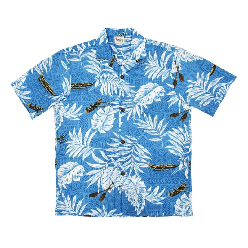 Leafy and Canoe Polynesian Print Aloha Shirt | Green, Blue, Beige