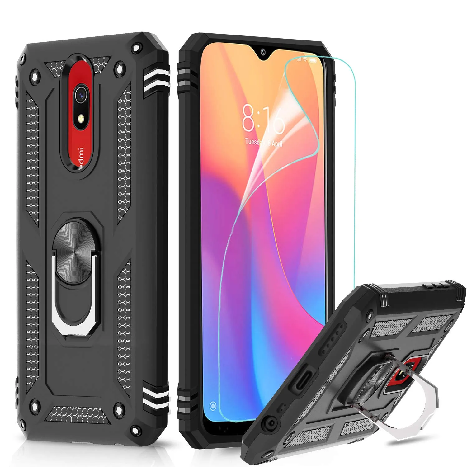 LeYi for Xiaomi Redmi 8/Redmi 8A Case with HD Screen Protector(1 Pack),Ring Holder [Military Grade] Protective Silicone Shockproof Tough Armour Cover