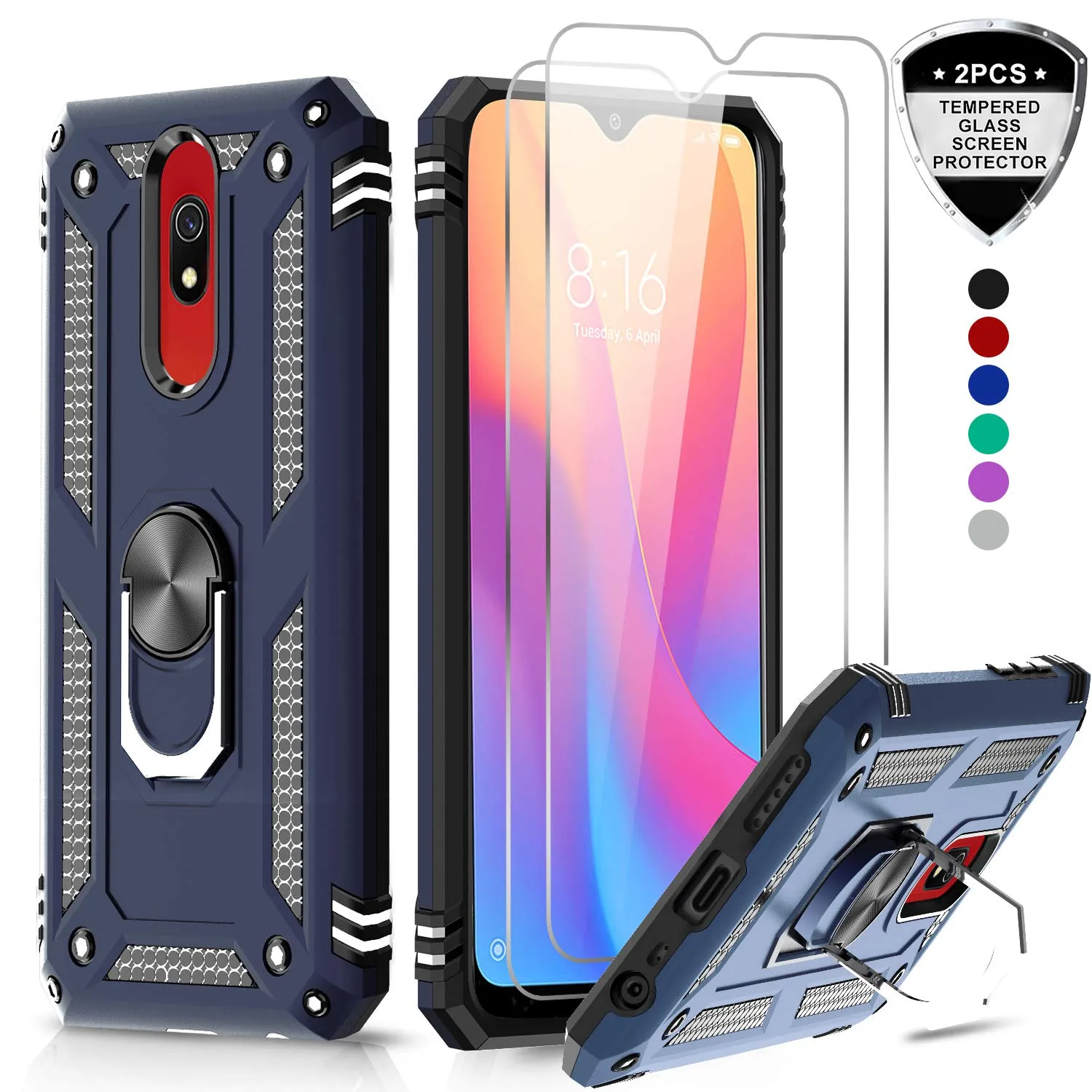 LeYi for Xiaomi Redmi 8/Redmi 8A Case with HD Screen Protector(1 Pack),Ring Holder [Military Grade] Protective Silicone Shockproof Tough Armour Cover