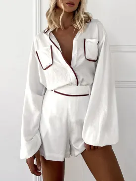 Long Sleeve White Shirt & Shorts Two Piece Set