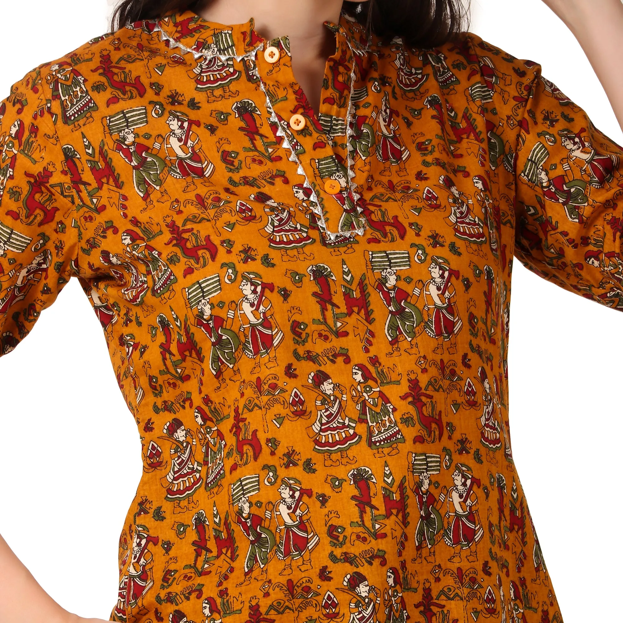 MAGNETISM  Kalamkari GUJRI Print Cotton Kurti mustard