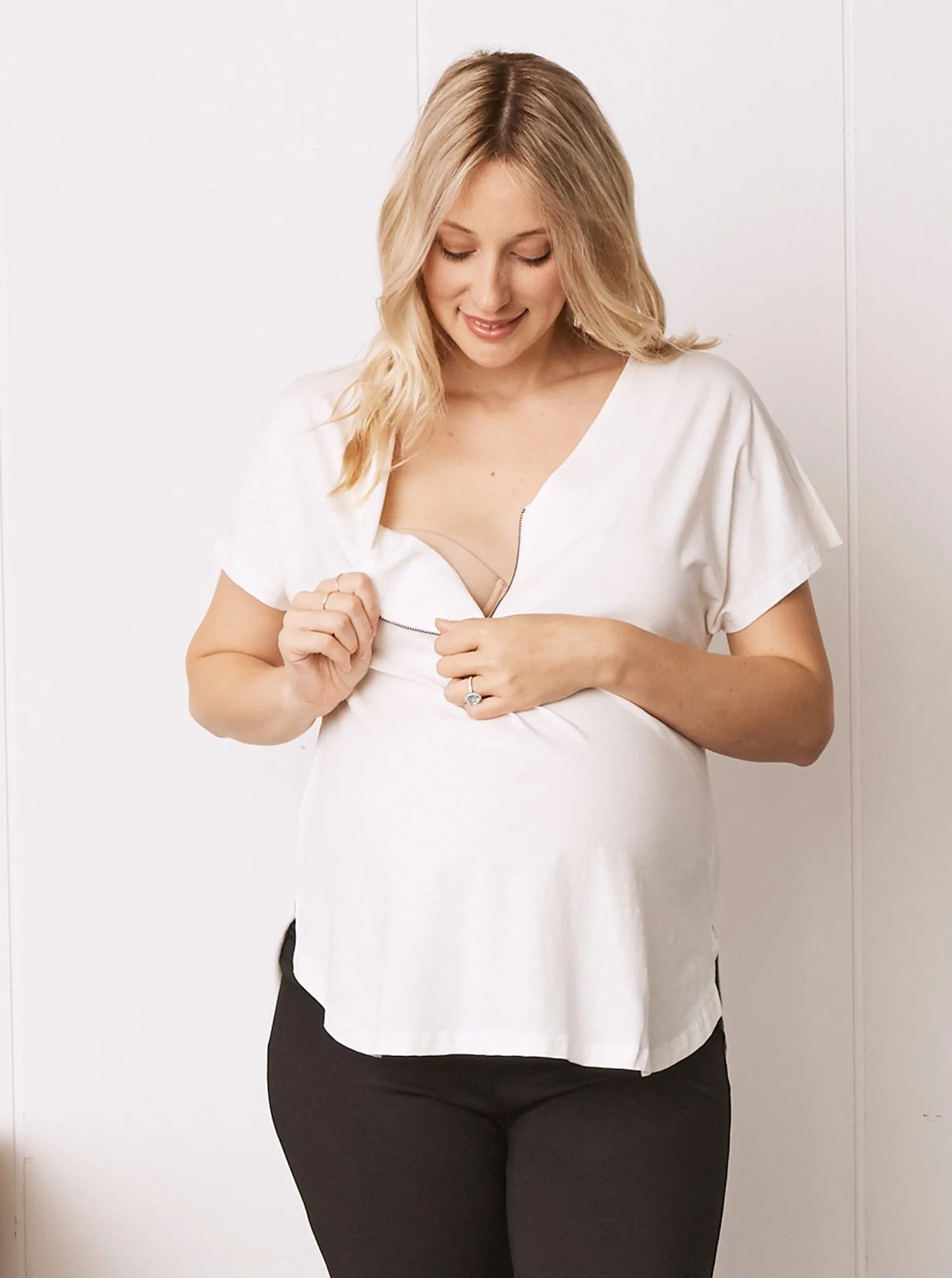 Maternity Short Sleeve Zip Front Work Blouse in White