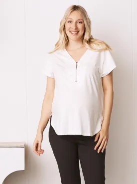 Maternity Short Sleeve Zip Front Work Blouse in White