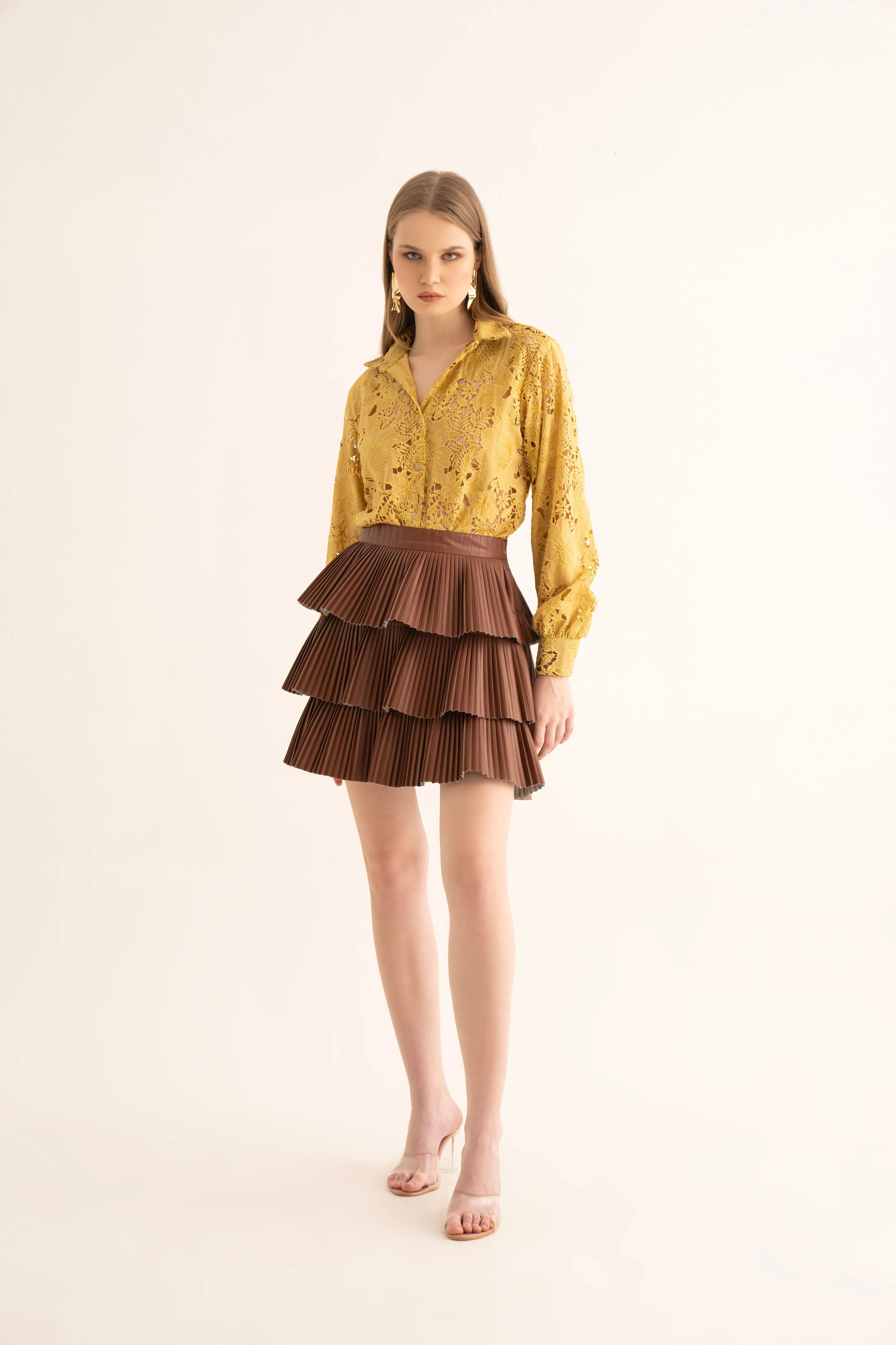 Mellow-Yellow Cut Work Shirt and Brown Skirt Co-ord Set