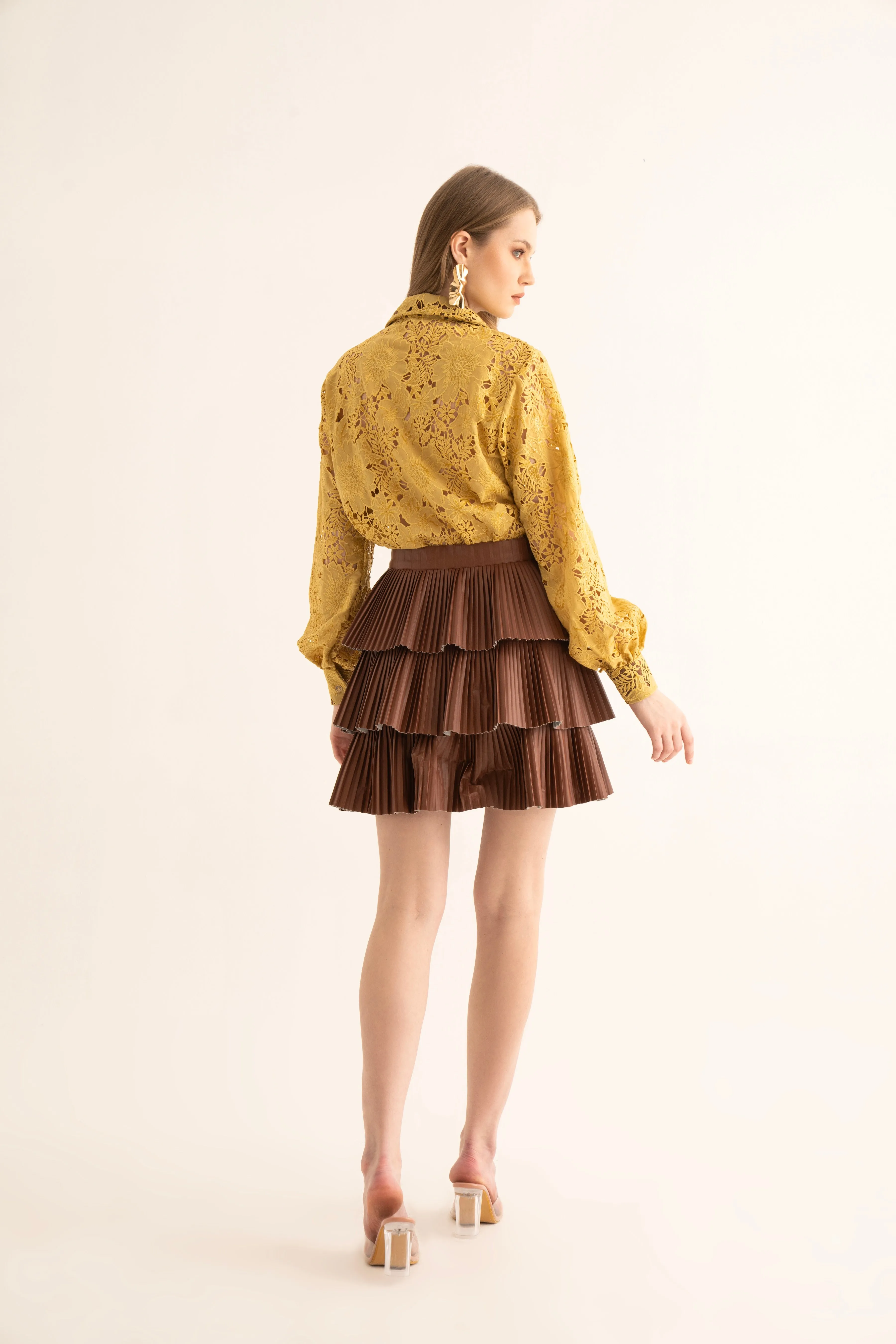 Mellow-Yellow Cut Work Shirt and Brown Skirt Co-ord Set