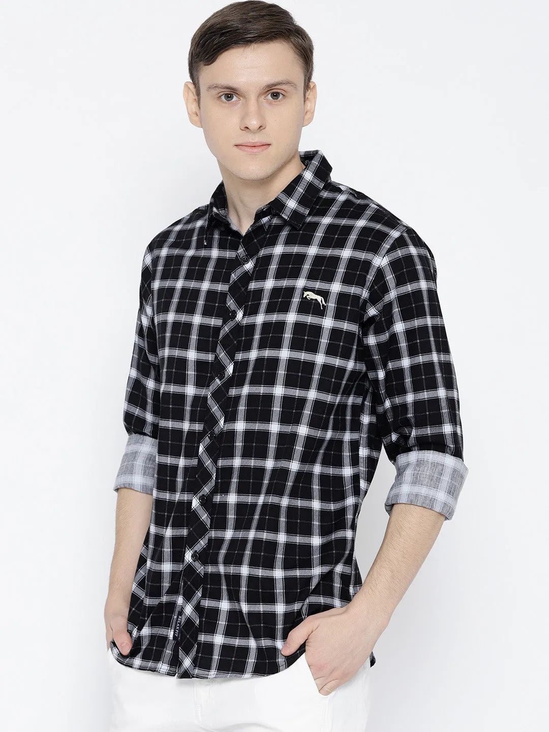 Men Black Regular Fit Checked Casual Shirt