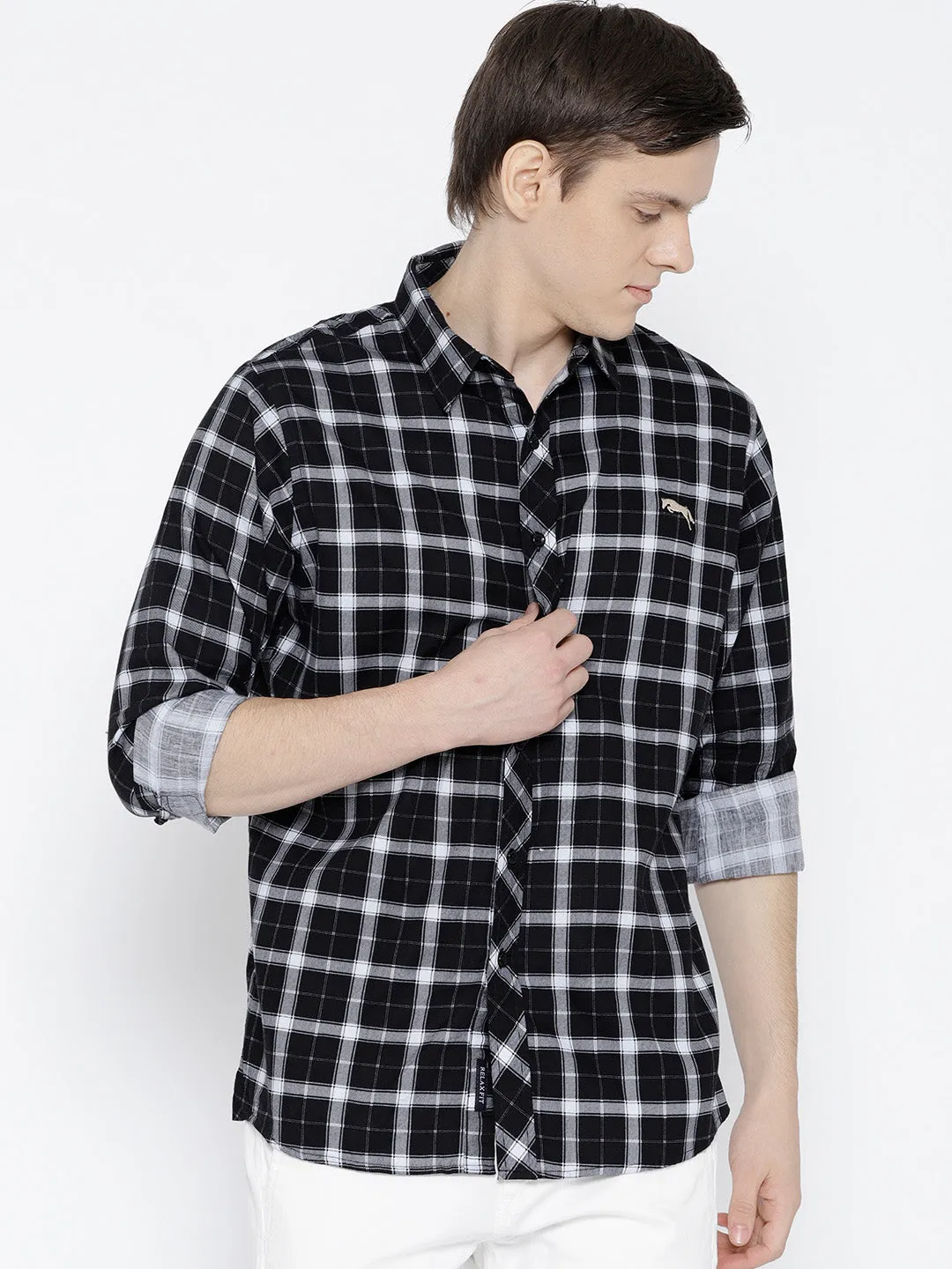 Men Black Regular Fit Checked Casual Shirt