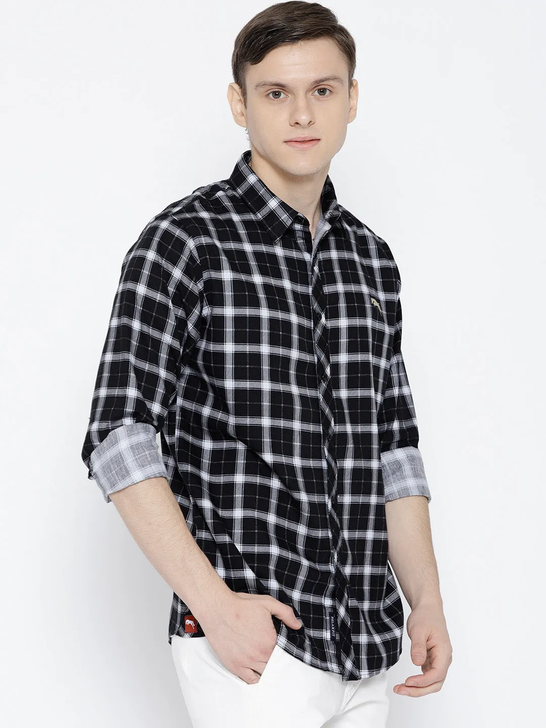 Men Black Regular Fit Checked Casual Shirt