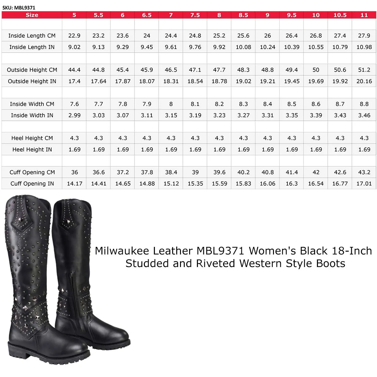 Milwaukee Leather MBL9371 Women's Black 18 Inch Studded and Riveted Western Style Boots