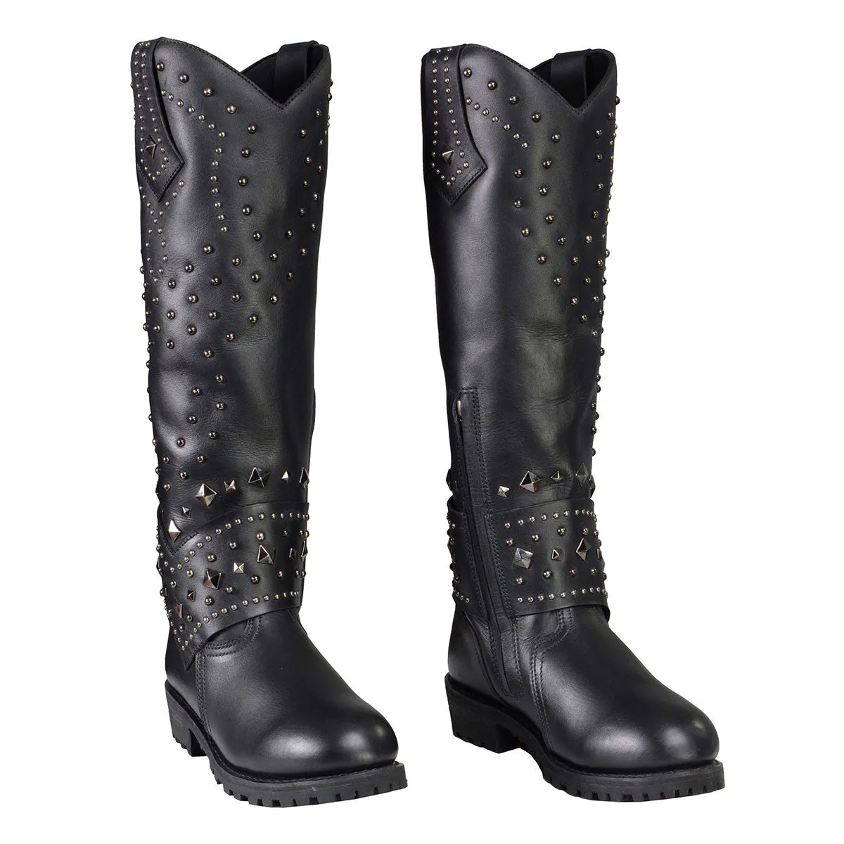 Milwaukee Leather MBL9371 Women's Black 18 Inch Studded and Riveted Western Style Boots