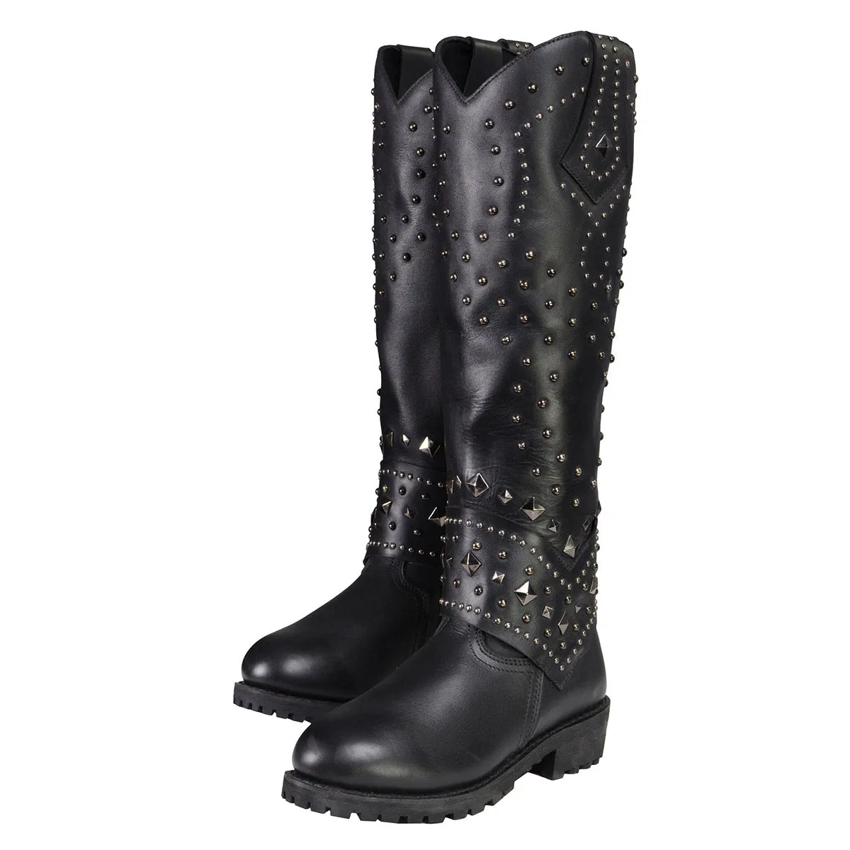 Milwaukee Leather MBL9371 Women's Black 18 Inch Studded and Riveted Western Style Boots