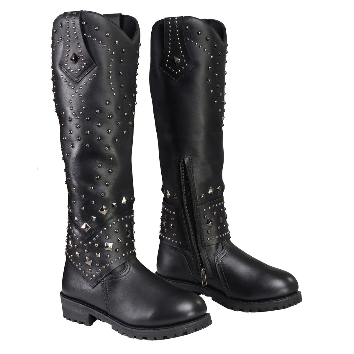 Milwaukee Leather MBL9371 Women's Black 18 Inch Studded and Riveted Western Style Boots