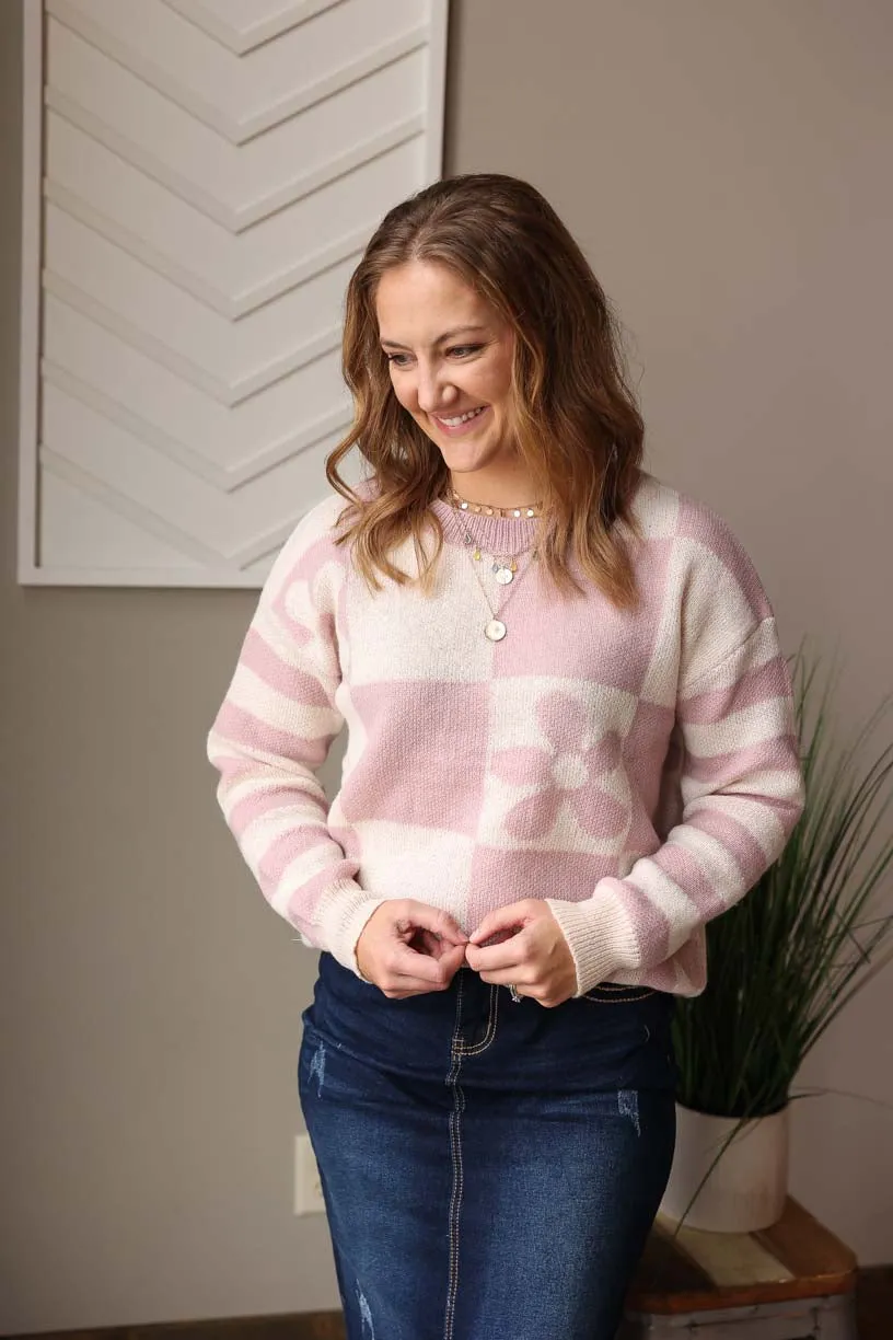 Orchid Petal Checkered Floral Sweater • S-2XL PLUS