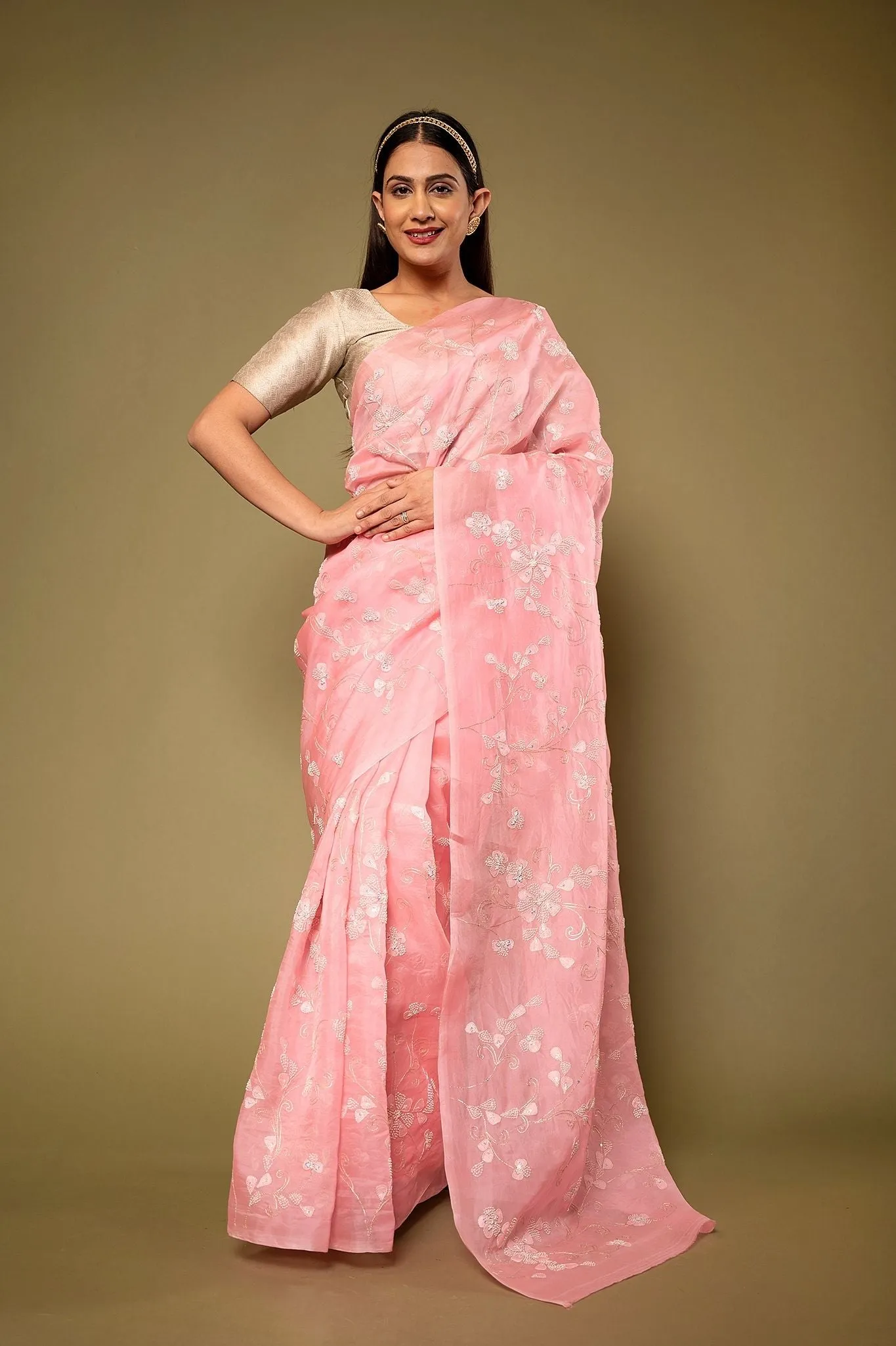 Organza Pink Resham Work Saree