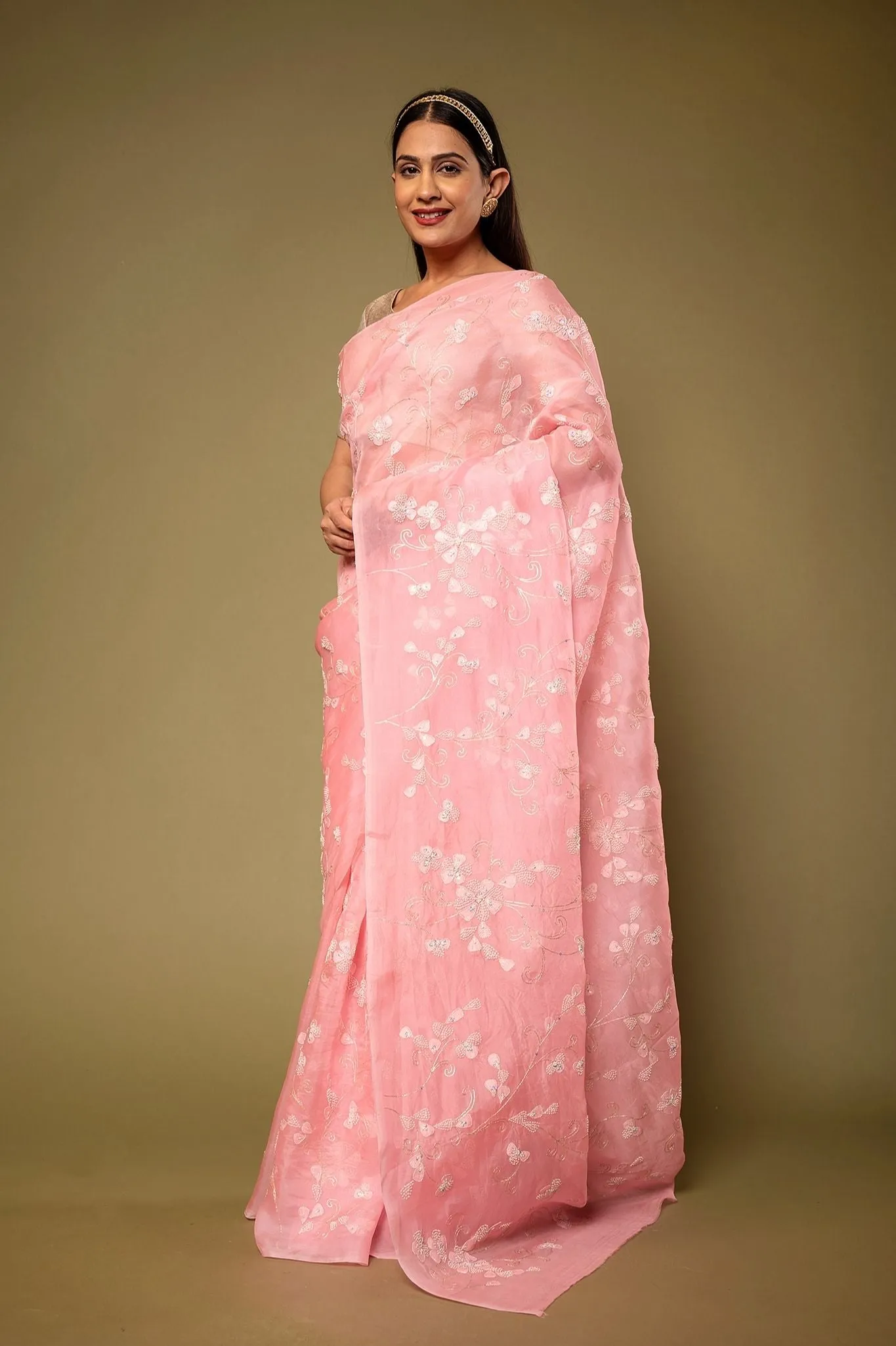 Organza Pink Resham Work Saree