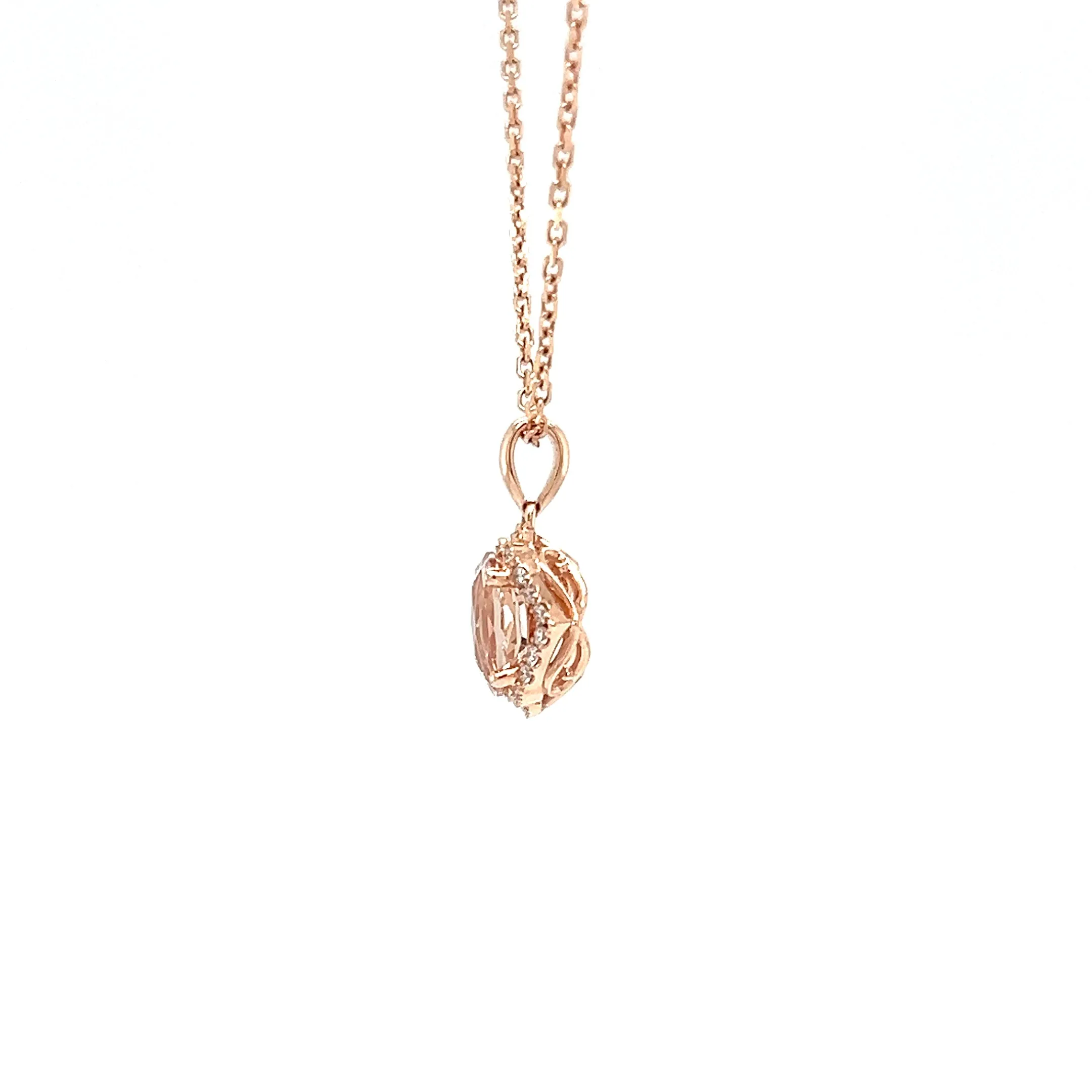 Oval Morganite Pendant with Eighteen Diamonds in 14K Rose Gold