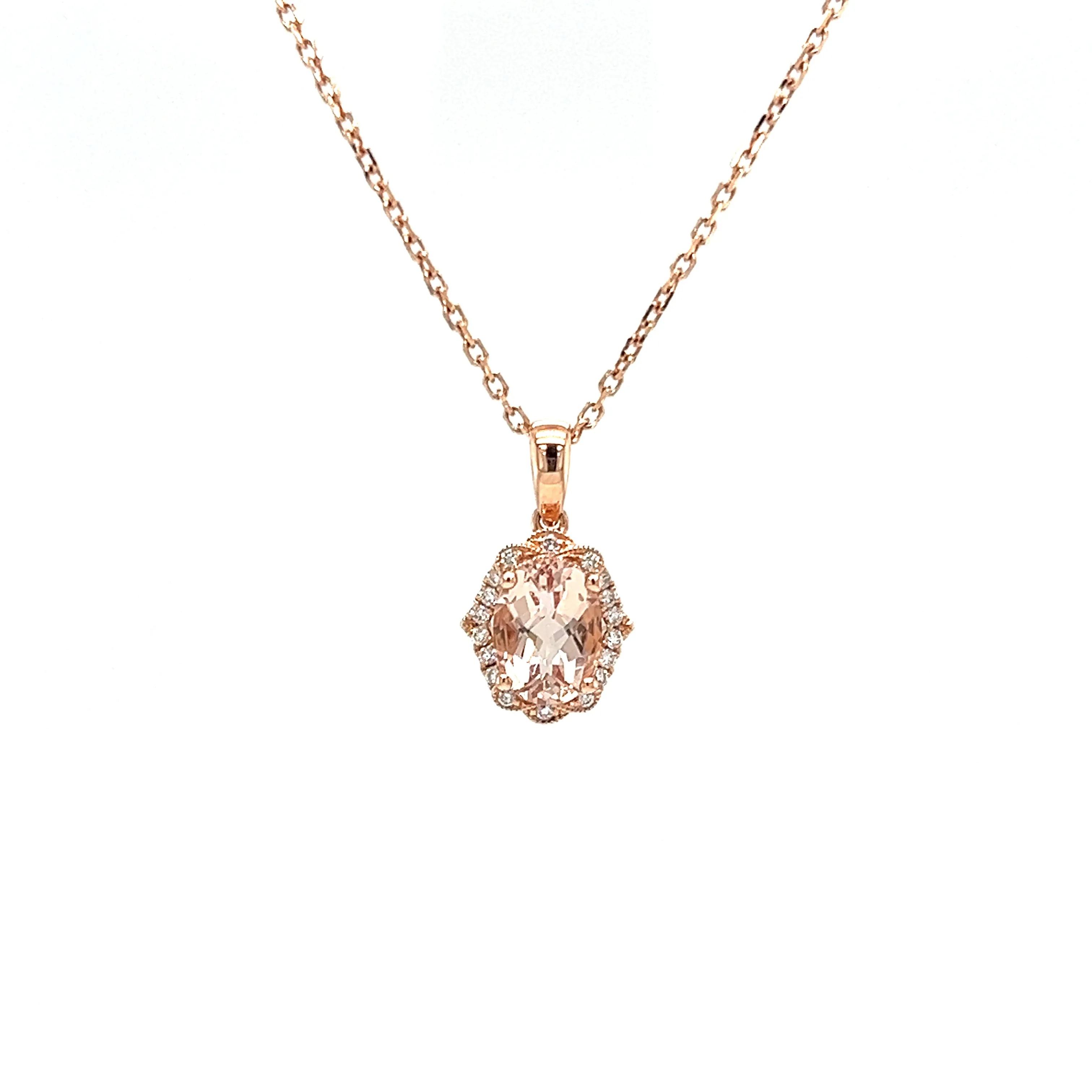 Oval Morganite Pendant with Eighteen Diamonds in 14K Rose Gold