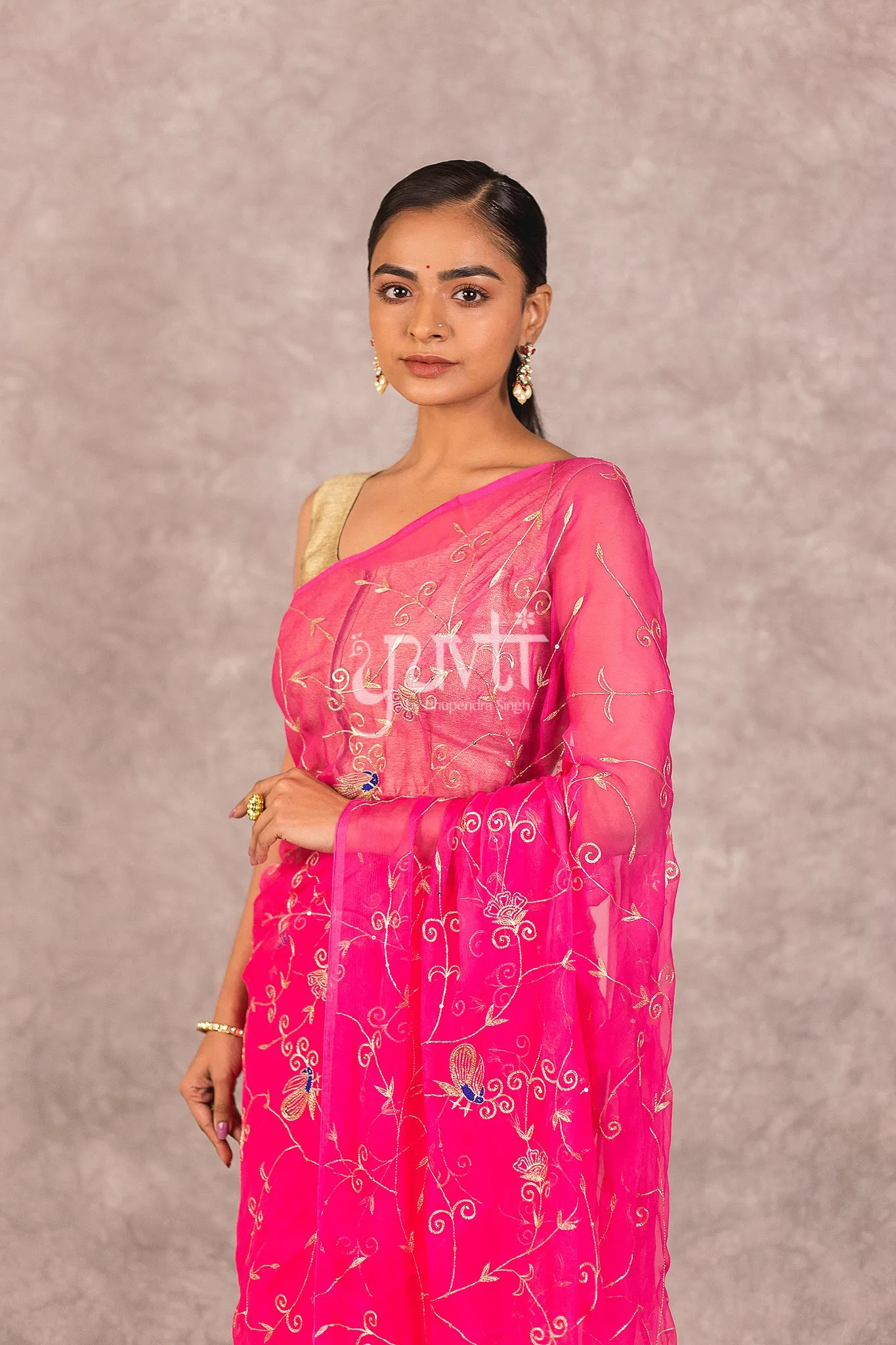 Pink Viscose Chiffon Aari Jaal work Saree